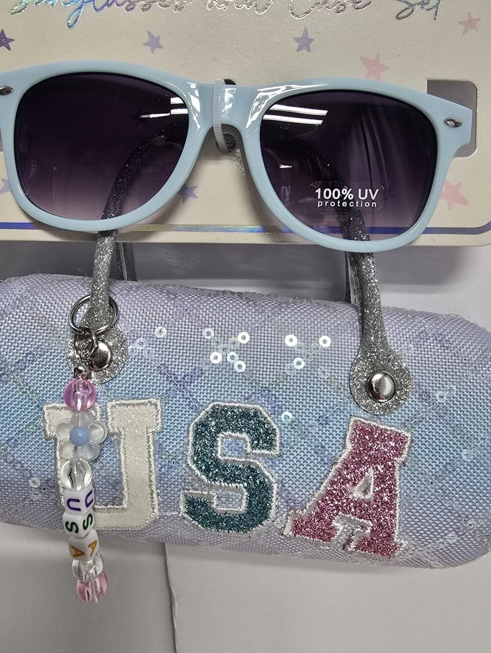 NWT Kids Sunglasses And Carrying Case Sequin Shimmer USA Logo